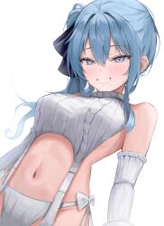 1girls bare_shoulders blue_eyes blue_hair blue_ribbon blush breasts hoangryu hololive hololive_gen_0 hololive_japan hoshimachi_suisei looking_at_viewer medium_breasts medium_hair meme_attire navel side_ponytail smile solo star_in_eye teeth turtleneck turtleneck_sweater virgin_destroyer_sweater virtual_youtuber white_background