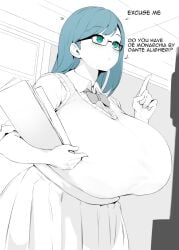 asking asking_a_question big_breasts blue_hair breasts_bigger_than_head breasts_bigger_than_torso busty clothed clothed_female cyan_eyes daniella_(setawar) enormous_breasts eyewear fully_clothed gigantic_breasts glasses huge_breasts humongous_breasts large_breasts massive_breasts nerd nerdy_female setawar_(coco) sweater teal_eyes tie