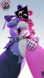 1girls chromatic_aberration fortnite glowing_eyes large_breasts manlybadger pink_body pink_eyes pink_fur pink_nipples purple_body purple_fur purple_nipples pussy raven_team_leader raven_team_leader_(cuddly) tattoo view_from_below