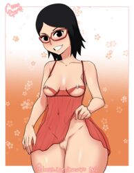 black_eyes black_hair boruto:_naruto_next_generations breasts censored crowgod glasses glasses_on_head glasses_only lingerie lingerie_only lord_socar mosaic_censoring naruto negligee nipples red_lingerie sarada_uchiha small_breasts smile smiling thick_thighs thighs