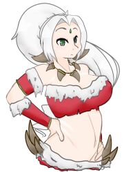 1girl 1girls big_breasts female forehead_gem forehead_jewel gem_on_forehead green_eyes green_eyes_female jewel_on_forehead large_breasts league_of_legends motleymochi nidalee ponytail ponytail_female riot_games simple_background skimpy skimpy_clothes skimpy_costume skimpy_outfit snow_bunny_nidalee snowdown_series snowdown_showdown_series solo solo_female solo_focus strapless strapless_top strapless_topwear tribal_markings tribal_tattoo tribal_tattoos tube_top white_background white_hair white_hair_female