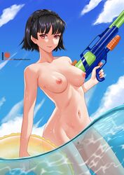 1girls alternate_hair_color atlus black_hair breasts chungmechanic female holding holding_object holding_water_gun lipstick makoto_niijima naked nipples nude ocean outdoors outside persona persona_5 pubic_hair pussy red_eyes short_hair solo vagina water water_gun white_skin