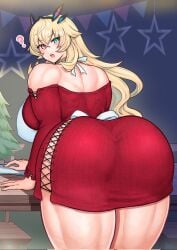 1girls absurd_res barghest_(gawain)_(fate) big_breasts christmas dat_ass fate_(series) harurukan hi_res looking_at_viewer looking_back muscular_female sweater