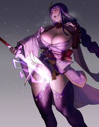 1girls areolae breasts eu03 female female_only genshin_impact large_breasts masturbation raiden_shogun solo sword thick_thighs thighhighs weapon wide_hips