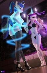 anthro blonde_hair blue_hair bra breasts equid equine female female/female friendship_is_magic hasbro horn mammal my_little_pony panties pink_body pink_hair pink_skin ponytail princess_cadance_(mlp) purple_hair rule_63 shadowboltsfm shining_armor_(mlp) small_breasts stockings tail unicorn white_body white_skin yuri