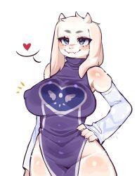 anthro big_breasts boss_monster bovid breasts caprine clothed clothing female fredek666 fur goat hand_on_hip heart hi_res horn mammal mature_female milf nipple_outline partially_clothed purple_clothing smile solo toriel undertale undertale_(series) white_body white_fur