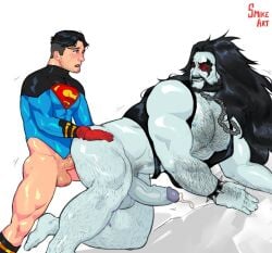 anal anal_sex balls bara beard black_hair blush boner conner_kent dc dc_comics erection facial_hair gay interspecies lobo_(dc) long_hair male male_only manly muscles muscular pantsless penis red_eyes sex sleeveless_jacket smikeart superboy white_body white_skin yaoi