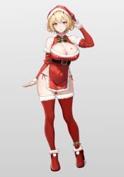 blonde_hair blue_eyes blush brown_dust_2 christmas christmas_headwear christmas_outfit cleavage footwear hair_between_eyes haruyuki_(karem) justia_(brown_dust) large_breasts long_sleeves looking_at_viewer open_mouth red_panties red_sleeves red_stockings santa_costume santa_hat santa_panties short_hair sleeves_past_elbows thick_thighs thighhighs underwear wide_hips