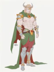 1boy abs alexcherubic armor armored_boots armored_gloves blonde_hair blue_eyes boots cape clothing elf elf_ears elf_male fantasy helmet horns humanoid male male_focus male_only muscles muscular muscular_male navel nipples original pecs sketch