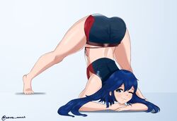 1girls ;) alternate_costume ass ass_up azure_monarch bare_legs barefoot bikini blue_bikini blue_eyes blue_hair blue_swimsuit face_down_ass_up fire_emblem fire_emblem_awakening fire_emblem_cipher jack-o_pose jackochallenge long_hair looking_at_viewer lucina_(fire_emblem) lucina_(summer)_(fire_emblem) nintendo one_eye_closed smile solo spread_legs swimsuit wink