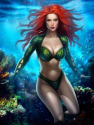 amber_heard aquaman_(series) ayyasap bra dc dc_comics green_bra green_lingerie green_panties lingerie mera mera_(amber_heard) panties red_hair underwater underwear