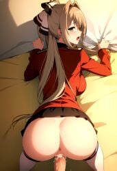 ai_generated amagi_brilliant_park blush brown_eyes clothed clothed_sex clothing cum doggy_style ejaculation hair_ribbon huge_breasts large_breasts light-brown_hair male_ejaculation metalchromex penis pov ribbon self_upload sento_isuzu sex sex_from_behind stockings uncensored vaginal_penetration