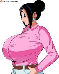 1girls belt big_breasts black_eyes black_hair bottomwear breast_focus breasts chichi chichi_(bulma's_party) clothing dragon_ball ear_piercing earrings female female_only fully_clothed hair hair_bun huge_breasts large_breasts lipstick mature mature_female mature_woman milf mother necklace neckwear panarandom pearl_necklace pink_lips pink_lipstick pink_shirt shirt solo solo_female topwear