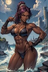 1girls abs ai_generated big_breasts bikini bleach breasts dark-skinned_female dark_skin female female_only large_breasts muscles muscular muscular_arms muscular_female purple_hair shihouin_yoruichi solo solo_female swimsuit thick_thighs vitoryt