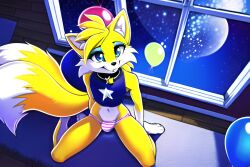 1boy 2_tails ai_generated anthro balloon blonde_hair blue_eyes bulge canine canis crop_top dipstick_tail eyeshadow femboy feminine_tails fox from_above girly kneeling living_room mamal mammal miles_prower novelai short_hair smile smiling sonic_(series) striped_panties tails window yellow_body yellow_fur