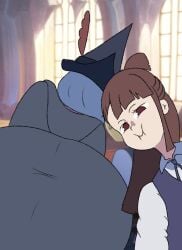 2girls age_difference akko_kagari artist_request ass background big_ass big_booty big_butt blue_hair brown_hair clothed disrespectful dumptruck_ass dumptruck_butt huge_ass little_witch_academia long_hair luna_nova_school_uniform milf mouth_closed on_back pale-skinned_female red_eyes selfie student teacher teacher_and_student unprofessional_behavior ursula_callistis wacky witch witch_hat