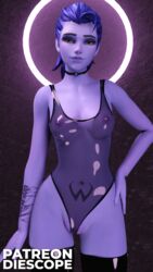 1girls 3d belly_button blue_skin choker clitoris_bulge clitoris_through_clothes diescope erect_clitoris erect_nipples female female_focus female_only hand_on_hip latex latex_bodysuit latex_thighhighs looking_at_viewer nipples nipples_visible_through_clothing overwatch posing purple_hair pussy pussy_visible_through_clothes shaved_pussy tattoo transparent_clothing widowmaker yellow_eyes