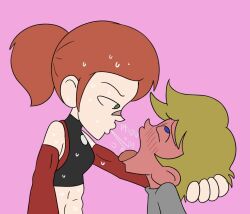 1boy 1girls athletic_female blue_eyes blush brown_hair christian_(oc) embarrassed femdom fit_female full_body_blush green_eyes jones_boi jonesbo50034805 nancy_lew_(oc) open_mouth red_hair spit spitting spitting_in_mouth sweat sweating