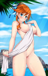 blue_eyes breasts laxia_(ys) lindaroze nipples nude nude_female orange_hair solo towel vagina wet ys_viii_lacrimosa_of_dana