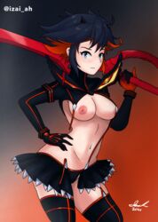 1girls 2021 areola_slip areolae black_hair black_skirt blue_eyes breasts female female_focus female_only hand_on_hip highres izai_ah izaiah_(artist) kill_la_kill looking_at_viewer matoi_ryuuko nipples panties red_hair red_highlights ripped_clothing scissor_blade scissors senketsu short_hair skirt thighhighs thighs