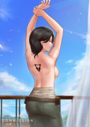 amber_eyes ass back_tattoo black_hair body_wraps buttfucker3000 cinder_fall commission eryx45 facing_away hand_on_wrist rwby tattoo topless topless_female