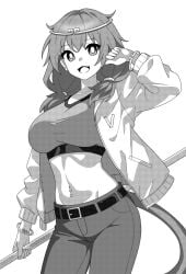 alternate_costume belt belt_buckle bracelet breasts buckle commentary_request cowboy_shot crop_top denim female greyscale hair_ornament hand_up holding holding_polearm holding_weapon jacket jeans jewelry large_breasts long_sleeves medium_hair midriff monkey_girl monkey_tail monochrome navel navel_piercing onkn_sxkn open_mouth pants piercing polearm simple_background solo son_biten tail touhou twintails weapon white_background