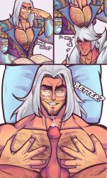 balls bara chest cock cum gay glasses hairy_chest hairy_male league_of_legends long_hair male male/male pecs pectorals penis penis_on_chest precum sett sylas white_hair winterblessed_series winterblessed_sylas yaoi