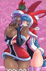 2girls big_breasts blue_eyes blue_hair blush bunny_ears bunny_hood chocolate_and_vanilla christmas cleavage dark-skinned_female dark_skin darkereve female female_only freakier_than_normal glasses hi_res holidays hood hugging hugging_from_behind jixel/gissel light-skinned_female light_skin long_hair looking_at_viewer mistletoe miyuki/mia purple_hair round_glasses smiling smiling_at_viewer thick_thighs thighhighs yuri