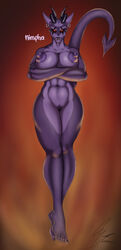 accessory anthro areola big_breasts breasts curvy_figure demon demon_humanoid devil_horns_(disambiguation) ear_piercing ears_up fangs feet female g4rron genitals hi_res humanoid humanoid_feet humanoid_pointy_ears multicolored_body navel nimpha_(g4rron) nipples piercing purple_body purple_nipples pussy red_eyes solo spade_tail two_tone_body voluptuous