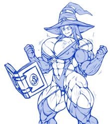 big_breasts big_muscles big_nipples blue_eyes blue_hair book breast_expansion missymuscle muscle_tone muscular_female nipple_bulge nipples nipples_expansion nipples_visible_through_clothing pecs_growth witch witch_costume witch_hat