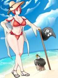 beach big_breasts black_sandals flag original_character radiant_artist red_bikini red_eyes red_hair ricardo_jimenez rubber_duck ruby_reed serious