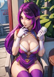 ai_generated cleavage_cutout dress elf female large_breasts looking_at_viewer outdoors paladins pointy_ears purple_eyes purple_hair sitting skye_(paladins) solo thighhighs very_long_hair