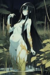 1girls ai_generated amphibian_humanoid belly_button black_hair female female_only humanoid light_green_skin light_grey_body long_hair looking_at_viewer medium_breasts monster monster_girl plants scp-811 scp_foundation standing swamp swamp_monster swollen_belly water yellow_eyes