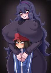 1boy 1female 1girls 1male absurdres alternate_body_type alternate_breast_size big_breasts boob_hat breasts breasts_bigger_than_head breasts_on_head calem_(pokemon) creatures_(company) drunkavocado female game_freak height_difference hex_maniac huge_breasts huge_nipples hyper hyper_breasts lipstick long_hair male nintendo pokemon pokemon_(game) pokemon_xy purple_hair taller_girl thick