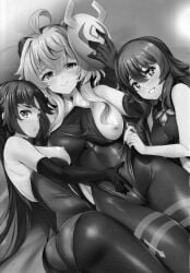 bodysuit cocogoat doujinshi female_only ganyu_(genshin_impact) genshin_impact hilichurls_(species) horns hu_tao_(genshin_impact) manga mask mona_(genshin_impact) mona_megistus pantyhose soramoti twintails