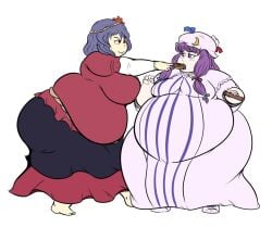 2girls bbw chubby chubby_female feeding kanako_yasaka massive_belly multiple_girls overweight patchouli_knowledge punishedabso touhou