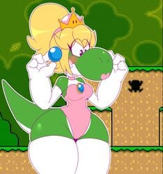 1girls blonde_hair blush dongitos earrings green_skin lipstick mario_(series) new_super_mario_bros._u_deluxe nintendo ponytail rule_63 small_breasts super_crown super_mario_world thick_thighs thighhighs yoshette yoshi