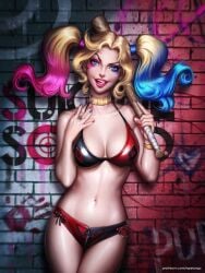 1girls artist_name ayyasap baseball_bat big_breasts bikini blonde_hair blue_eyes booty_shorts collar dc dc_comics female female_only harley_quinn licking_own_lips multicolored_hair painted_nails pigtails ring solo suicide_squad