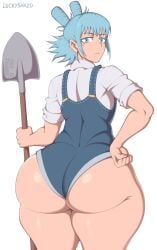 1boy back_view big_ass big_butt blue_hair bubble_butt farmer femboy green_eyes huge_ass jujutsu_kaisen kashimo_hajime large_ass looking_at_viewer looking_back luckyshazo overalls shovel solo solo_male standing the_waffled_one thick_thighs