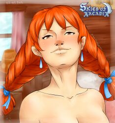 1girls aika_(skies_of_arcadia) bangs bedroom blush breasts cleavage ear_piercing earrings female highres ifritus medium_breasts nude orange_hair sega skies_of_arcadia smug smug_face twin_braids