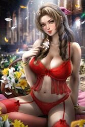 aerith_gainsborough ayyasap bra final_fantasy final_fantasy_vii flowers lingerie panties red_bra red_lingerie red_panties square_enix