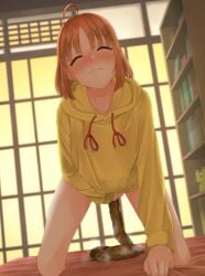 1girls ahoge bed biting_lip blush bottomless closed_eyes crying defecating defecation drooling feces hood hoodie indoors legs_apart love_live! love_live!_sunshine!! masturbation on_bed on_knees oooesonitn pooping_on_bed saliva scat shit shitting steam takami_chika tears yellow_hoodie