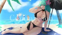 2boys 2girls abs alternate_costume background_character background_characters barefoot beach beach_towel beach_umbrella bikini black_bikini black_swimsuit byleth_(female)_(summer)_(fire_emblem) byleth_(fire_emblem) byleth_(fire_emblem)_(female) claude_von_riegan cleavage commission dimitri_alexandre_blaiddyd edelgard_von_hresvelg feet female female_focus fire_emblem fire_emblem:_three_houses fire_emblem_heroes flower_in_hair green_hair looking_at_viewer male multiple_boys multiple_girls muscular muscular_female nintendo official_alternate_costume one-piece_swimsuit outdoors palm_tree puzzled_artist red_one-piece_swimsuit red_swimsuit scars short_hair six_pack solo_focus swimsuit water watermark yuri