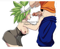 1boy 1girls big_breasts breasts_out cum cum_on_body dragon_ball dragon_ball_z female fused fused_sex fusion green_hair kefla male oral oral_sex penis sex vegito white_background