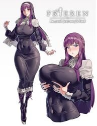 1girls big_breasts black_boots black_dress boots breasts celyn404 covered_navel cowboy_shot dress female fern_(sousou_no_frieren) highres large_breasts long_hair long_sleeves looking_at_viewer matching_hair/eyes nun purple_eyes purple_hair simple_background skin_tight sousou_no_frieren standing veil white_background