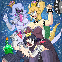 3girls boosette bowsette breasts cake chain_chomp chompette cleavage crown dumbbell fangs flag happy_birthday heart mario_(series) naughtyshyboy new_super_mario_bros._u_deluxe nintendo open_mouth pennant sharp_teeth shell sound_effects super_crown tail text tongue tongue_out