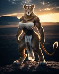 ai_generated ankh anthro big_breasts brown_fur cat_eyes confident feline furry gynomorph/female huge_breasts lion lioness muscular muscular_anthro power_pose sekhmet standing strong strong_woman tiddies white_dress yellow_eyes