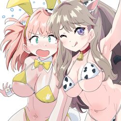 2girls bikini bowtie breasts bunny_ears cleavage collar cow_ears cow_print cow_print_bikini cowbell detached_collar detached_cuffs embarrassed fake_animal_ears fujishima_megumi hair_ornament hinoshita_kaho large_breasts link!_like!_love_live! love_live! micro_bikini navel navyblue_konjac one_eye_closed open_mouth rabbit_ears selfie smile tongue tongue_piercing wide_hips