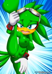 2021 absurd_res anthro avian bbmbbf beak bedroom_eyes big_breasts blue_eyes blushing breasts clitoris diamond_level erect_nipples female female_focus female_only gloves goggles goggles_on_head green_feathers hawk holding_leg_up hourglass_figure jet_the_hawk leg_up lifting_leg looking_at_viewer mobius_unleashed nipples palcomix pietros_secret_club pussy rule_63 seductive seductive_eyes seductive_look sega solo solo_focus sonic_(series) sonic_riders sonic_the_hedgehog_(series) spread_legs vagina