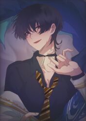 bed blue_eyes blue_hair blush clothed_sex clothing_aside genshin_impact looking_at_viewer scaramouche_(genshin_impact) smile smiling_at_viewer solo solo_male tie undressing